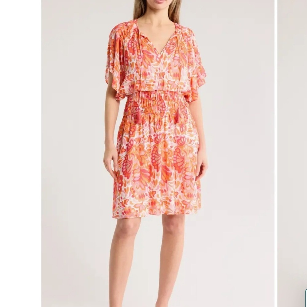 Trina Turk Byrds Dress Smocked Waist Orange Pink Floral Print Midi Flowy XXL 16